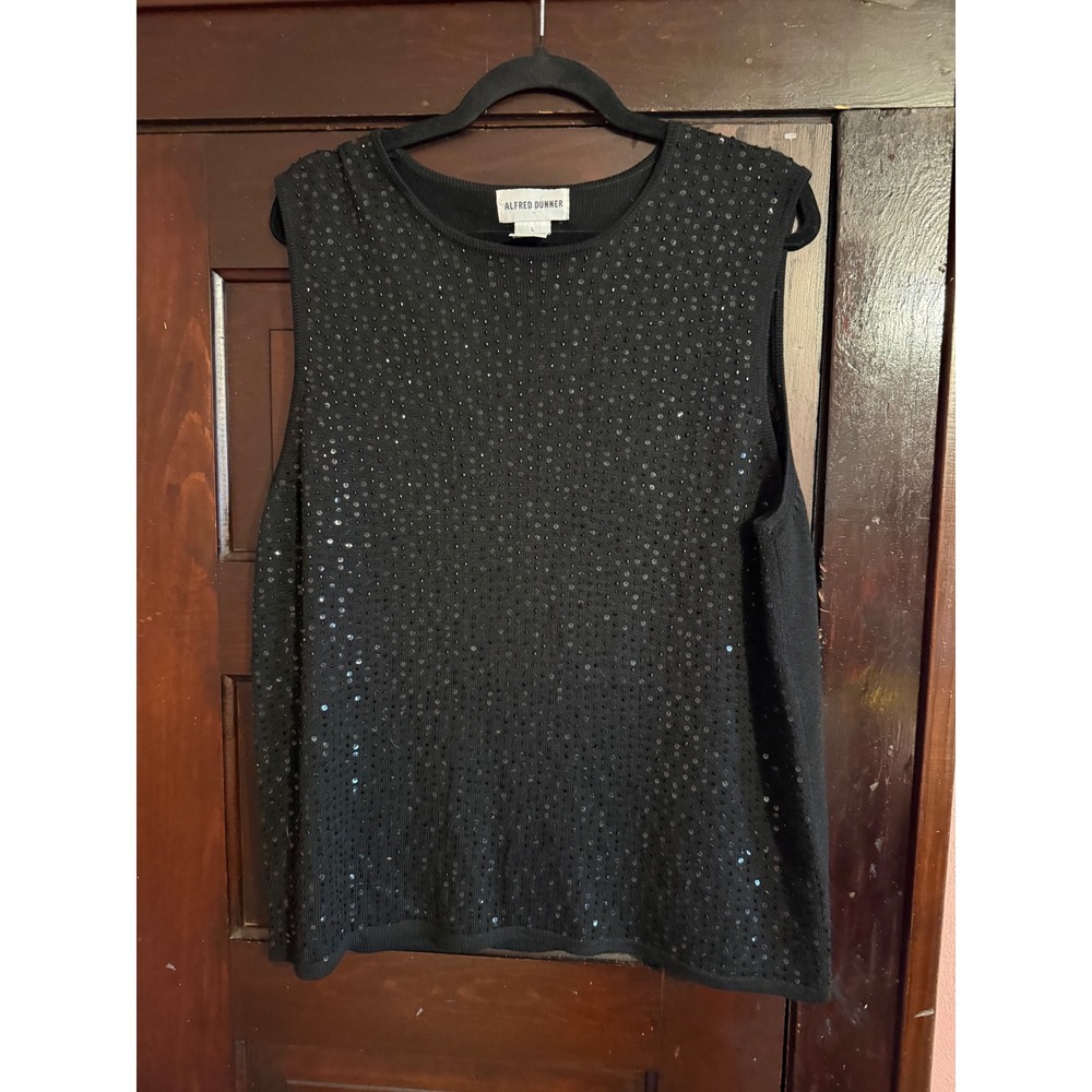 Alfred Dunner Black Sequin Knit Sleeveless Top Crew Neck Wool Blend Large